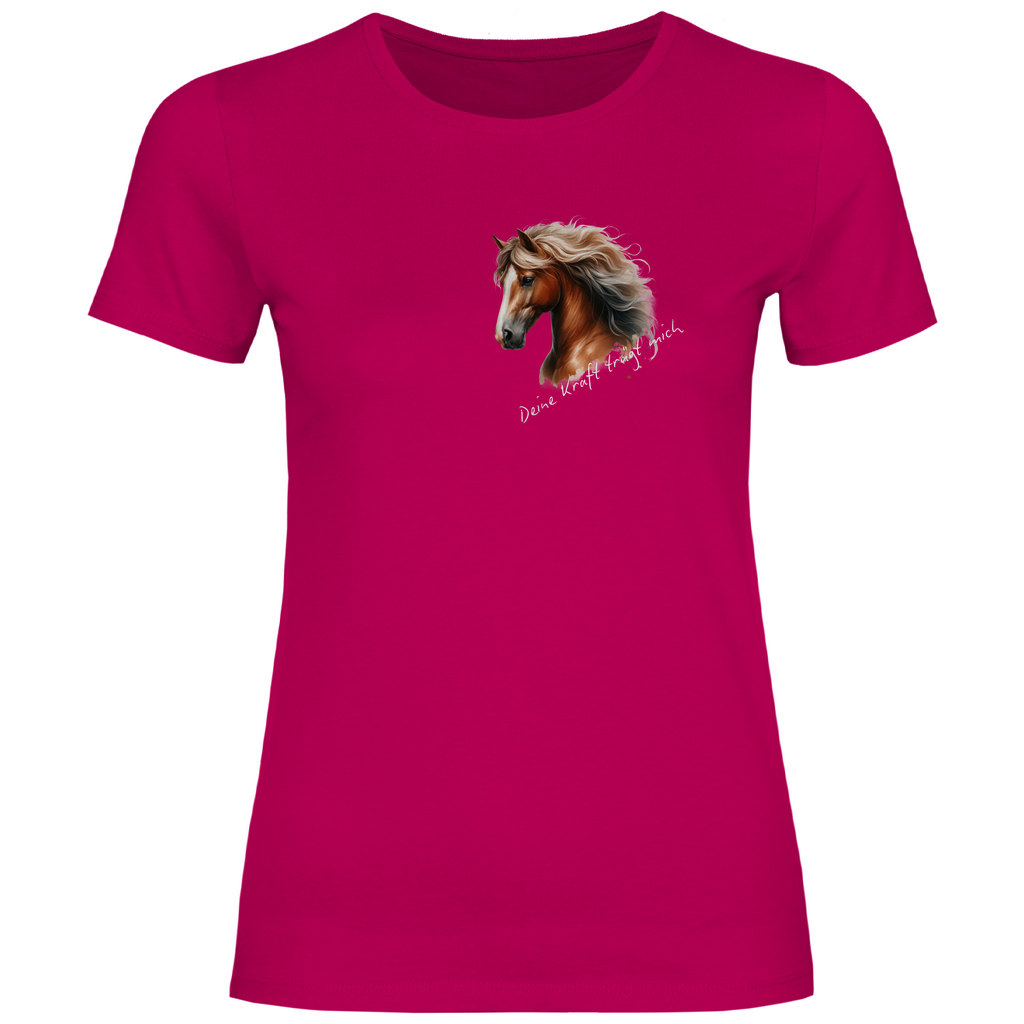 Damen-T-Shirt Kraft von Herz & Pfötchen – Nachhaltig hergestelltes Shirt aus 100% Bio-Baumwolle mit einem kraftvollen Aufdruck, der Stärke, Energie und Selbstbewusstsein symbolisiert. Ideal für umweltbewusste und stilvolle Pferdeliebhaberinnen, die modischen Komfort und inspirierende Botschaften schätzen.