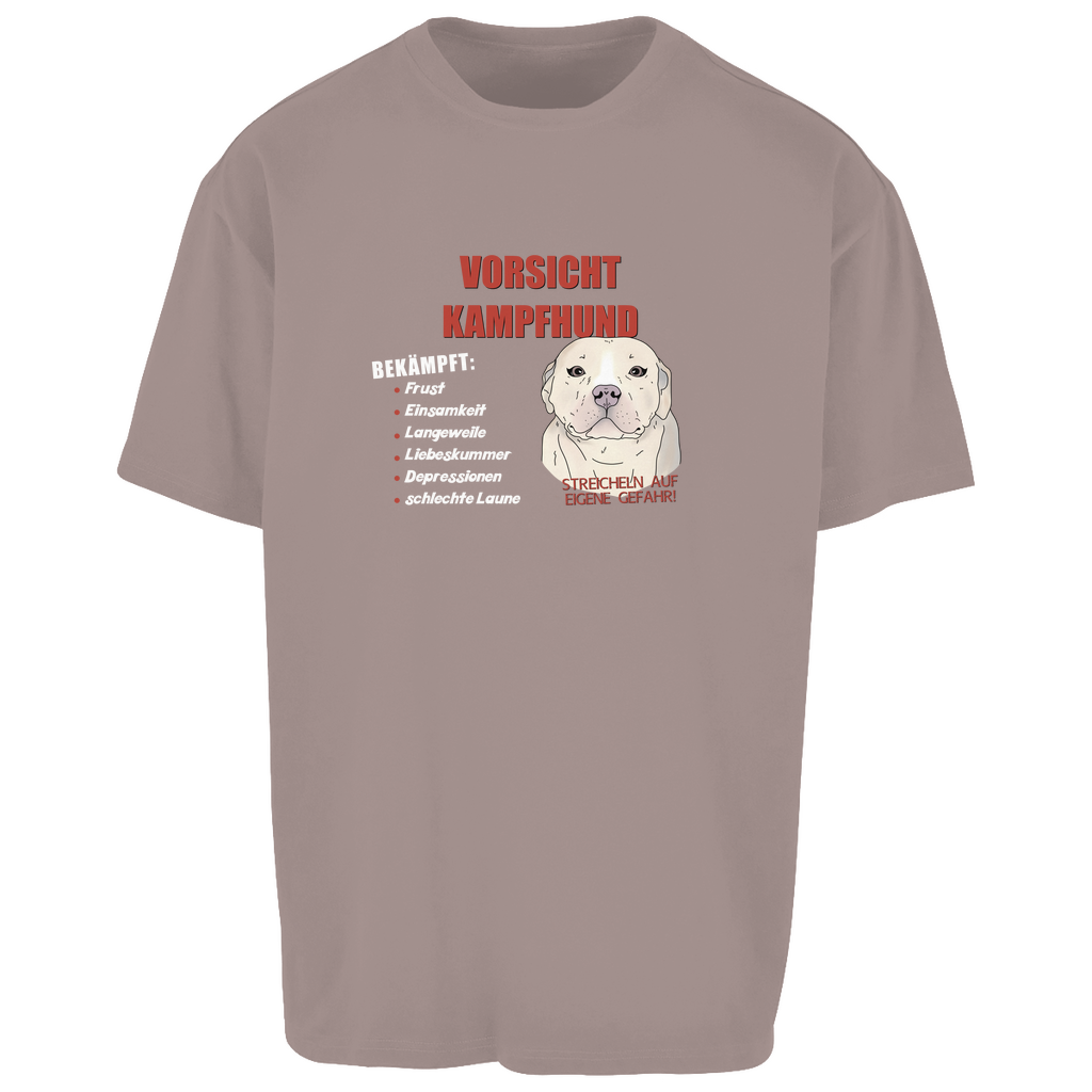 Trendiges Oversize T-Shirt – Unisex mit "Vorsicht Kampfhund"-Motiv, lässiger Schnitt, witziger Hundedruck, bequemes Streetwear-Teil in Altrosa für Hundefans und Fashion-Liebhaber.