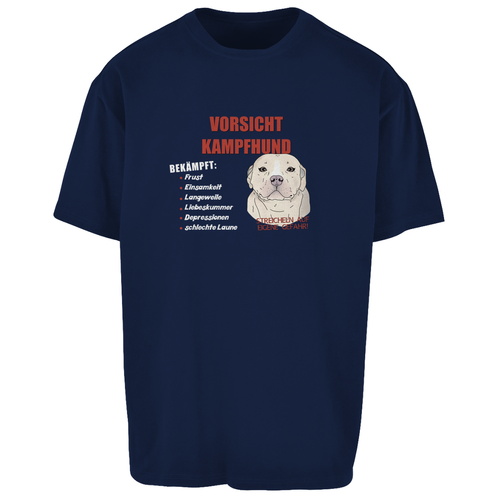 Trendiges Oversize T-Shirt – Unisex mit "Vorsicht Kampfhund"-Motiv, lässiger Schnitt, witziger Hundedruck, bequemes Streetwear-Teil in Blau für Hundefans und Fashion-Liebhaber.