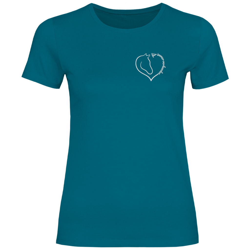Damen-T-Shirt Verbunden von Herz & Pfötchen – Nachhaltig hergestelltes T-Shirt aus Baumwolle in Blau, das die tiefe Verbundenheit zwischen Mensch und Pferd symbolisiert. Mit einem minimalistischen Design, das Liebe, Zusammenhalt und emotionale Nähe ausdrückt – ideal für umweltbewusste, stilvolle Pferdeliebhaberinnen.