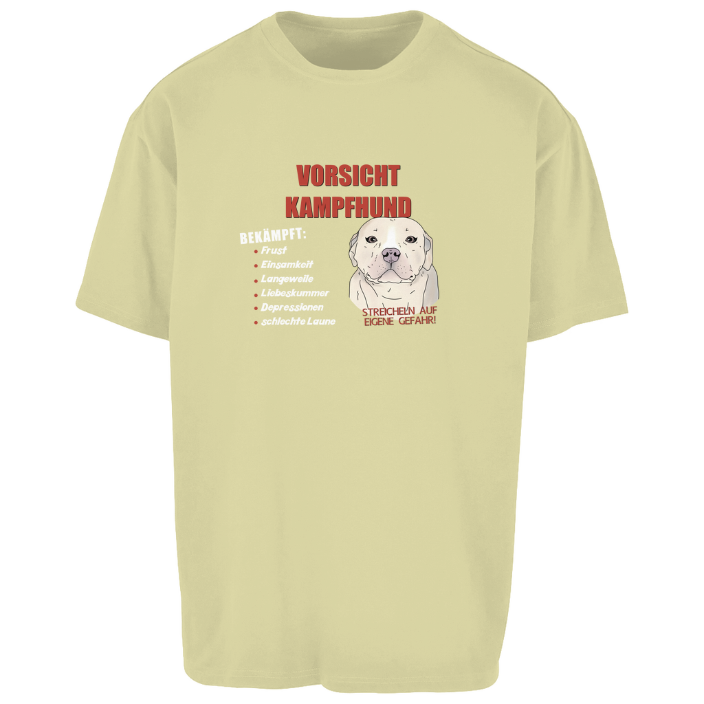 Trendiges Oversize T-Shirt – Unisex mit "Vorsicht Kampfhund"-Motiv, lässiger Schnitt, witziger Hundedruck, bequemes Streetwear-Teil in Pastellgelb für Hundefans und Fashion-Liebhaber.