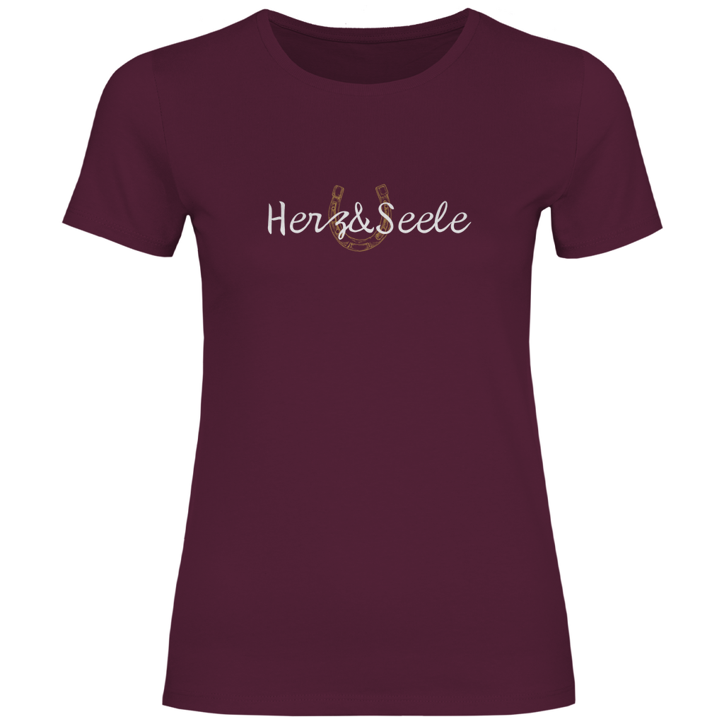 Damen-T-Shirt „Herz und Seele“ – Nachhaltig produziertes 100% Baumwollshirt in Bordeauxrot mit goldenem Huf-Motiv, das Freiheit, Naturverbundenheit und die Leidenschaft für Pferde symbolisiert.