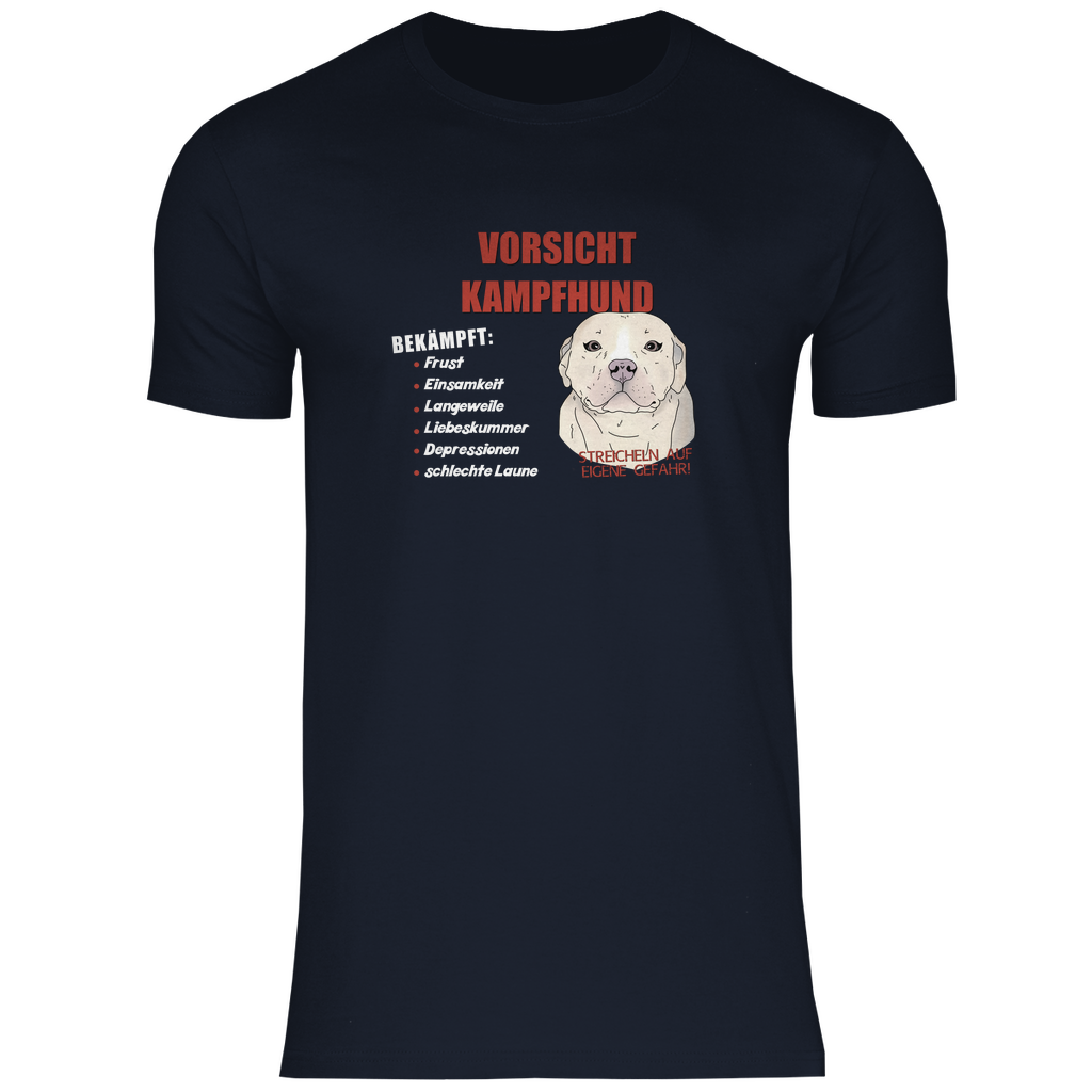 Lustiges T-Shirt in dunkel Blau mit "Vorsicht Kampfhund"-Motiv, süßer Cartoon-Hund, witziges Design, hochwertiger Stoff, perfektes Geschenk für Hundefans, lässiger Alltagslook.