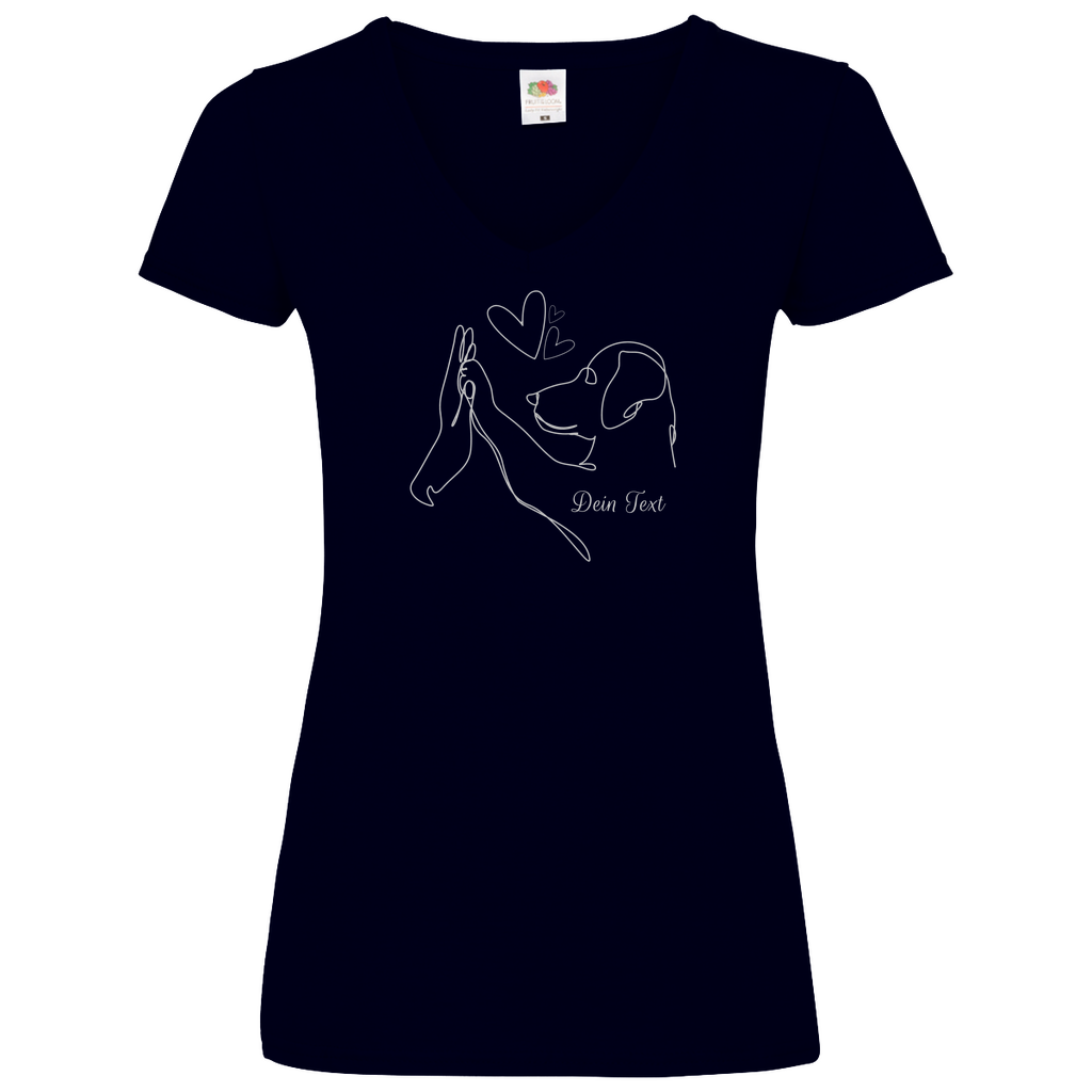 Personalisiertes Damen Basic V-Shirt ‚Wahre Liebe‘ von Herz & Pfötchen aus 100 % Baumwolle in dunkel Blau, individuell anpassbar mit deinem Wunschtext – schlichter, komfortabler Look für Hundeliebhaber.