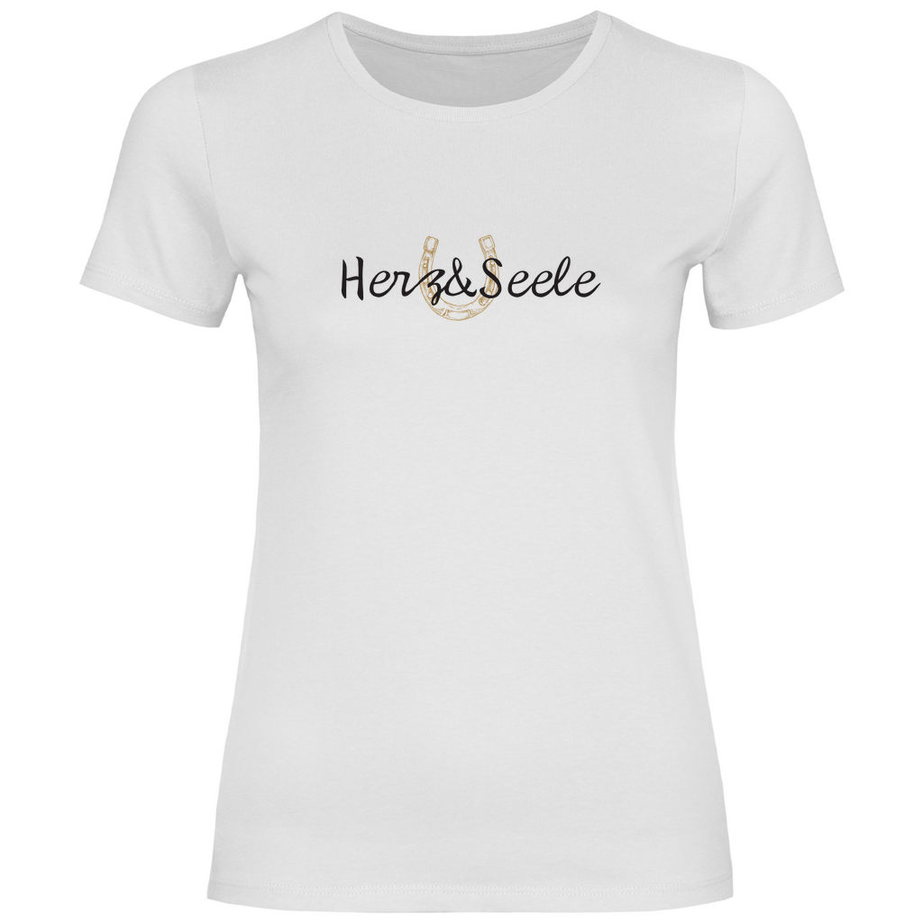 Damen-T-Shirt „Herz und Seele“ – Nachhaltig produziertes 100% Baumwollshirt in Weiß mit goldenem Huf-Motiv, das Freiheit, Naturverbundenheit und die Leidenschaft für Pferde symbolisiert.