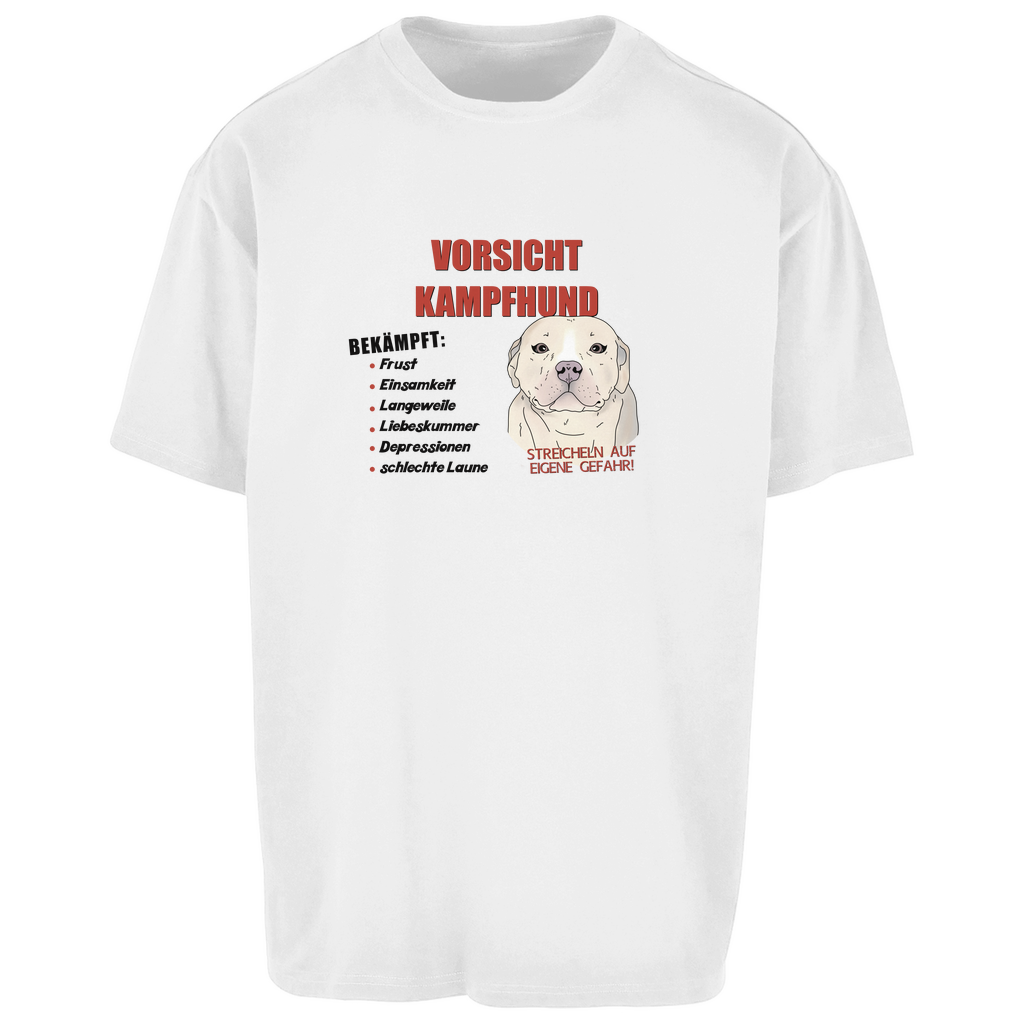 Trendiges Oversize T-Shirt – Unisex mit "Vorsicht Kampfhund"-Motiv, lässiger Schnitt, witziger Hundedruck, bequemes Streetwear-Teil in Weiß für Hundefans und Fashion-Liebhaber.