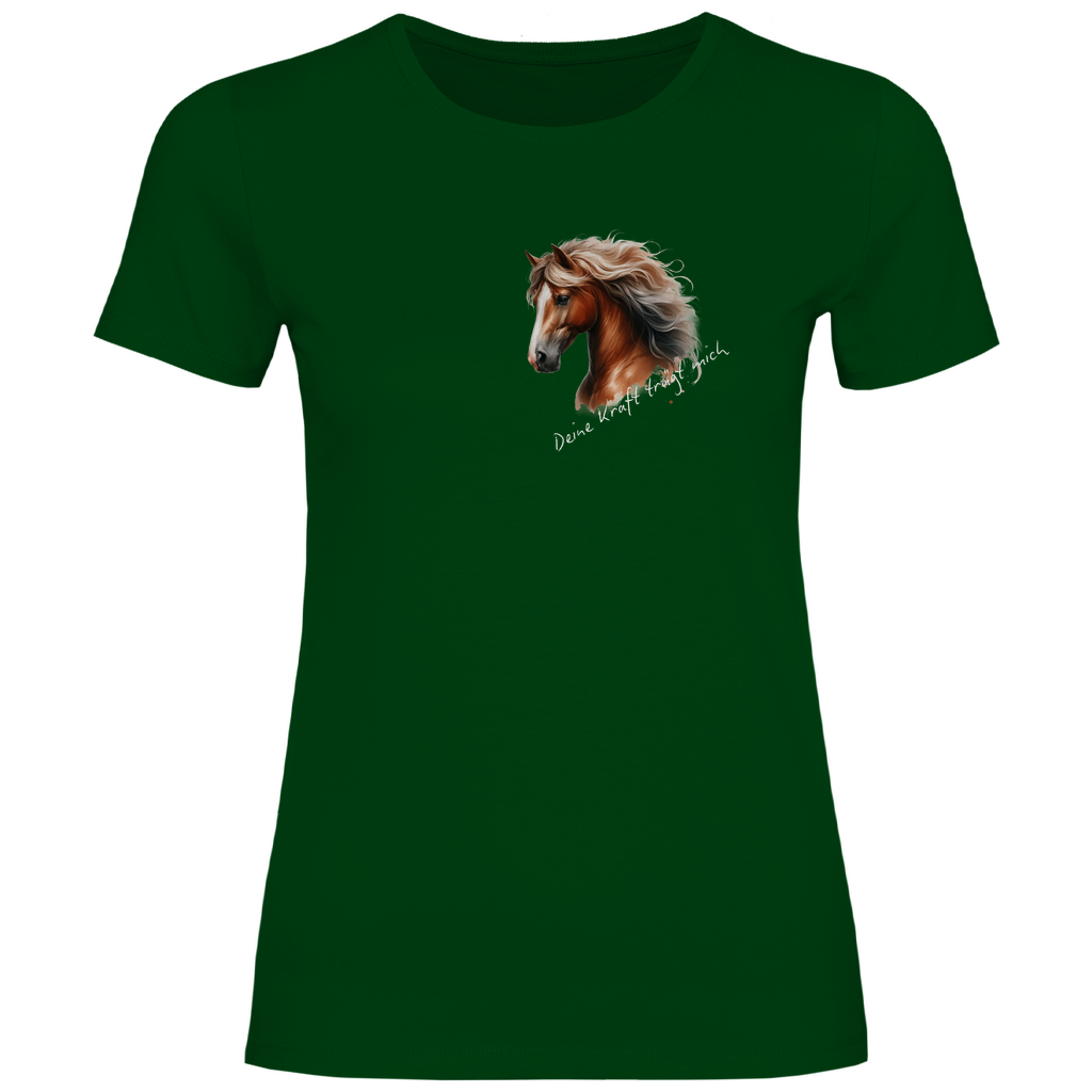 Damen-T-Shirt Kraft von Herz & Pfötchen – Nachhaltig hergestelltes Shirt aus 100% Bio-Baumwolle in Grün mit einem kraftvollen Aufdruck, der Stärke, Energie und Selbstbewusstsein symbolisiert. Ideal für umweltbewusste und stilvolle Pferdeliebhaberinnen, die modischen Komfort und inspirierende Botschaften schätzen.