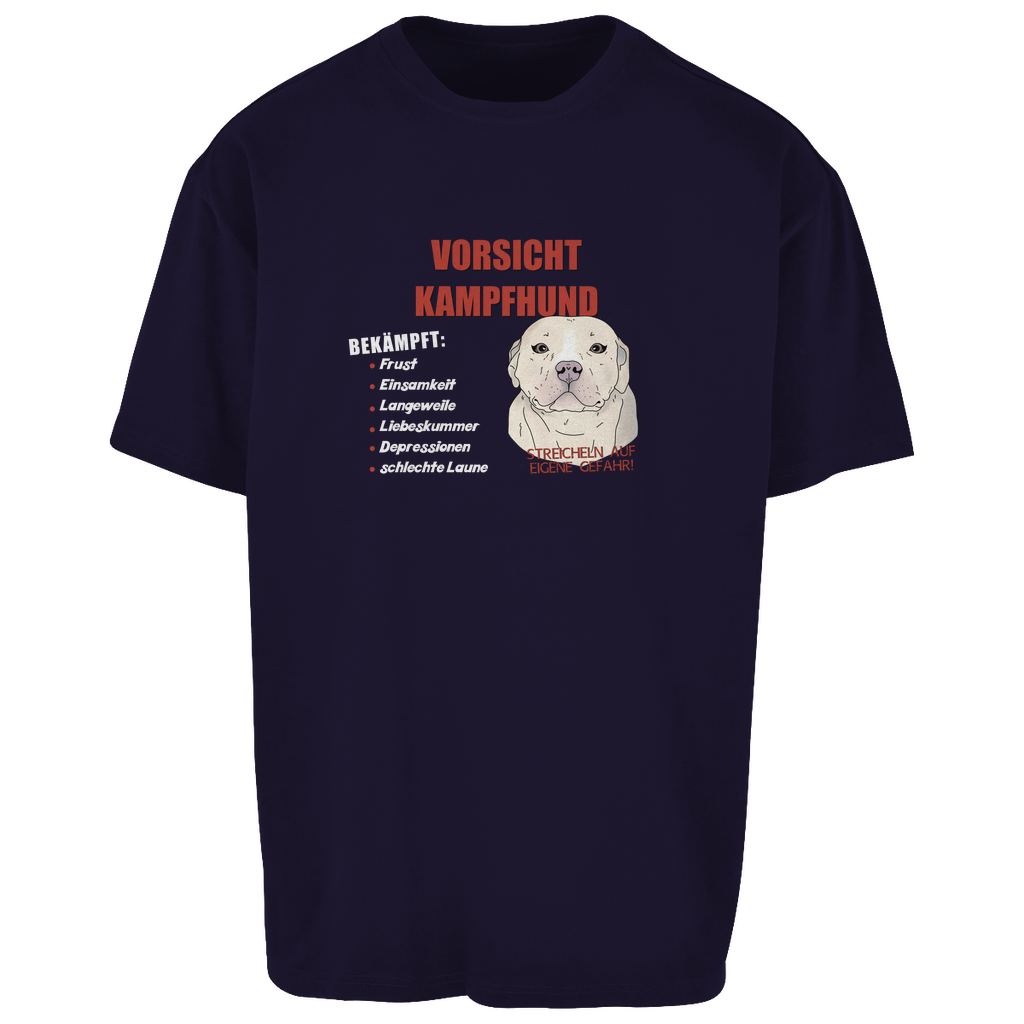 Trendiges Oversize T-Shirt – Unisex mit "Vorsicht Kampfhund"-Motiv, lässiger Schnitt, witziger Hundedruck, bequemes Streetwear-Teil in dunkel Blau für Hundefans und Fashion-Liebhaber.