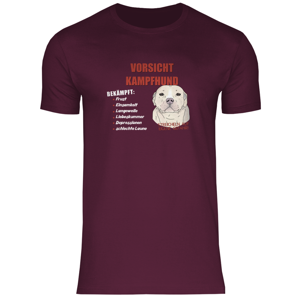 Lustiges T-Shirt in Bordeauxrot mit "Vorsicht Kampfhund"-Motiv, süßer Cartoon-Hund, witziges Design, hochwertiger Stoff, perfektes Geschenk für Hundefans, lässiger Alltagslook.
