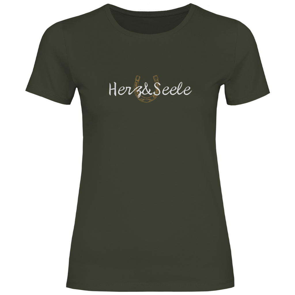 Damen-T-Shirt „Herz und Seele“ – Nachhaltig produziertes 100% Baumwollshirt in Khaki mit goldenem Huf-Motiv, das Freiheit, Naturverbundenheit und die Leidenschaft für Pferde symbolisiert.