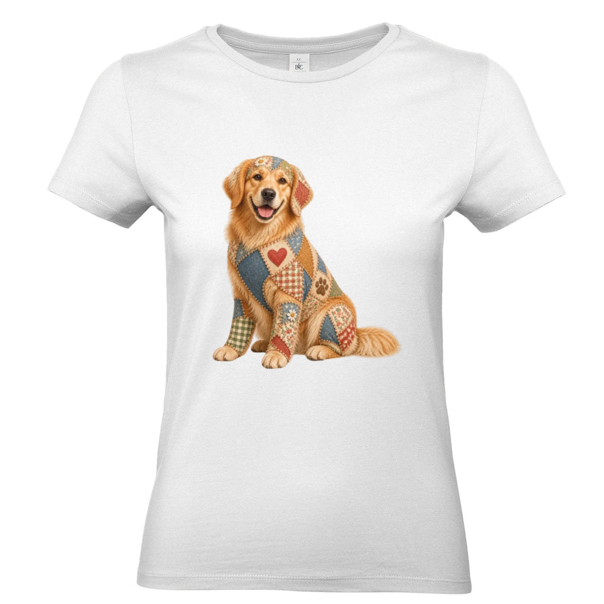 Golden Retriever Damen T-Shirt – Patchwork-Look mit Herz