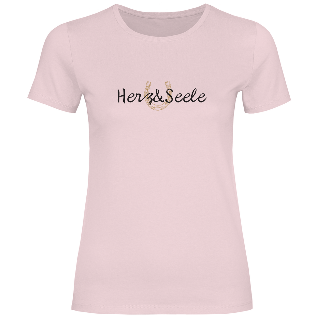 Damen-T-Shirt „Herz und Seele“ – Nachhaltig produziertes 100% Baumwollshirt in Pink mit goldenem Huf-Motiv, das Freiheit, Naturverbundenheit und die Leidenschaft für Pferde symbolisiert.