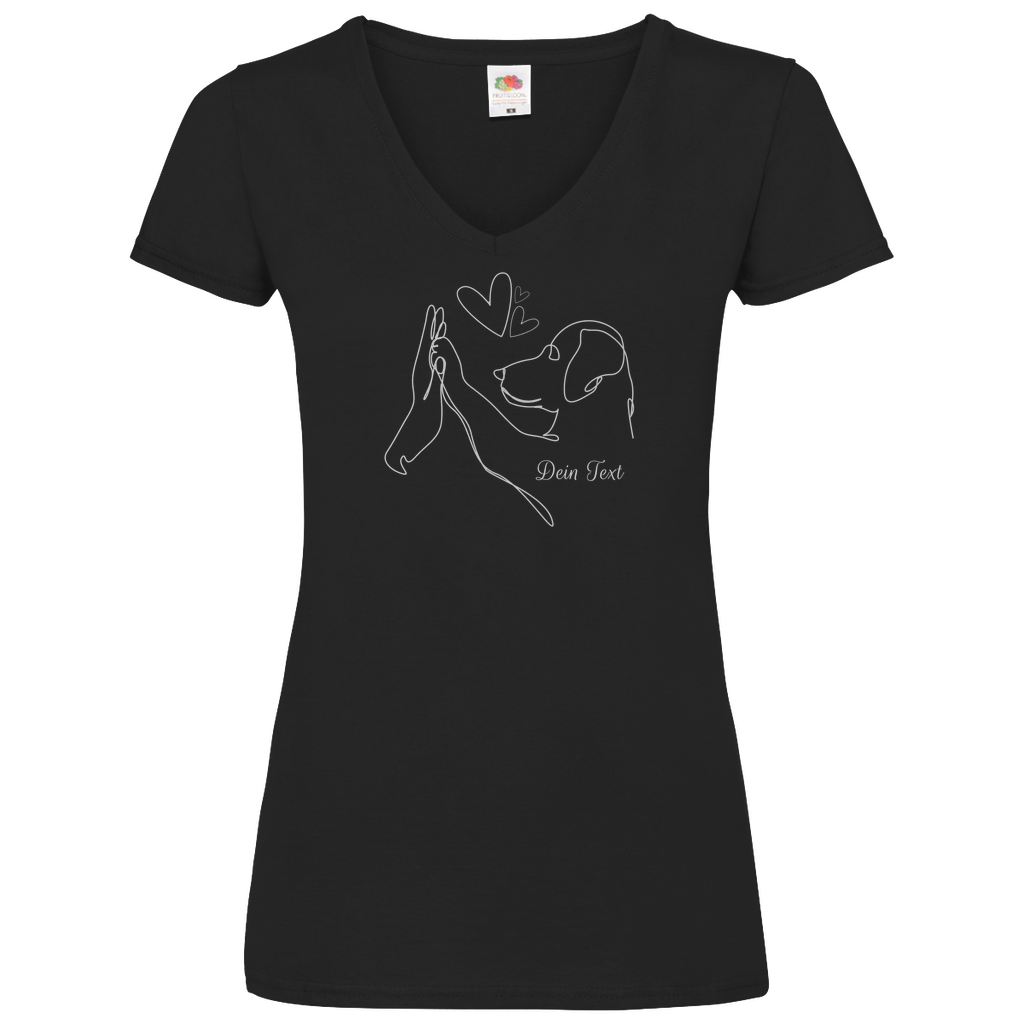Personalisiertes Damen Basic V-Shirt ‚Wahre Liebe‘ von Herz & Pfötchen aus 100 % Baumwolle in Schwarz, individuell anpassbar mit deinem Wunschtext – schlichter, komfortabler Look für Hundeliebhaber.