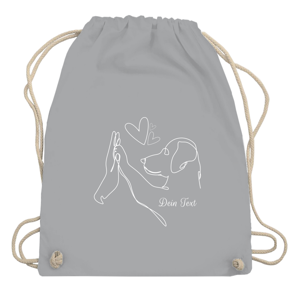 Personalisiert gestaltete ‚Wahre Liebe‘-Turnbeutel aus 100 % Baumwolle in Grau mit charmantem Hundemotiv und individuellem Wunschtext – stilvolle, nachhaltige Geschenkidee und Alltagsbegleiter für Hundeliebhaber. Sportbeutel