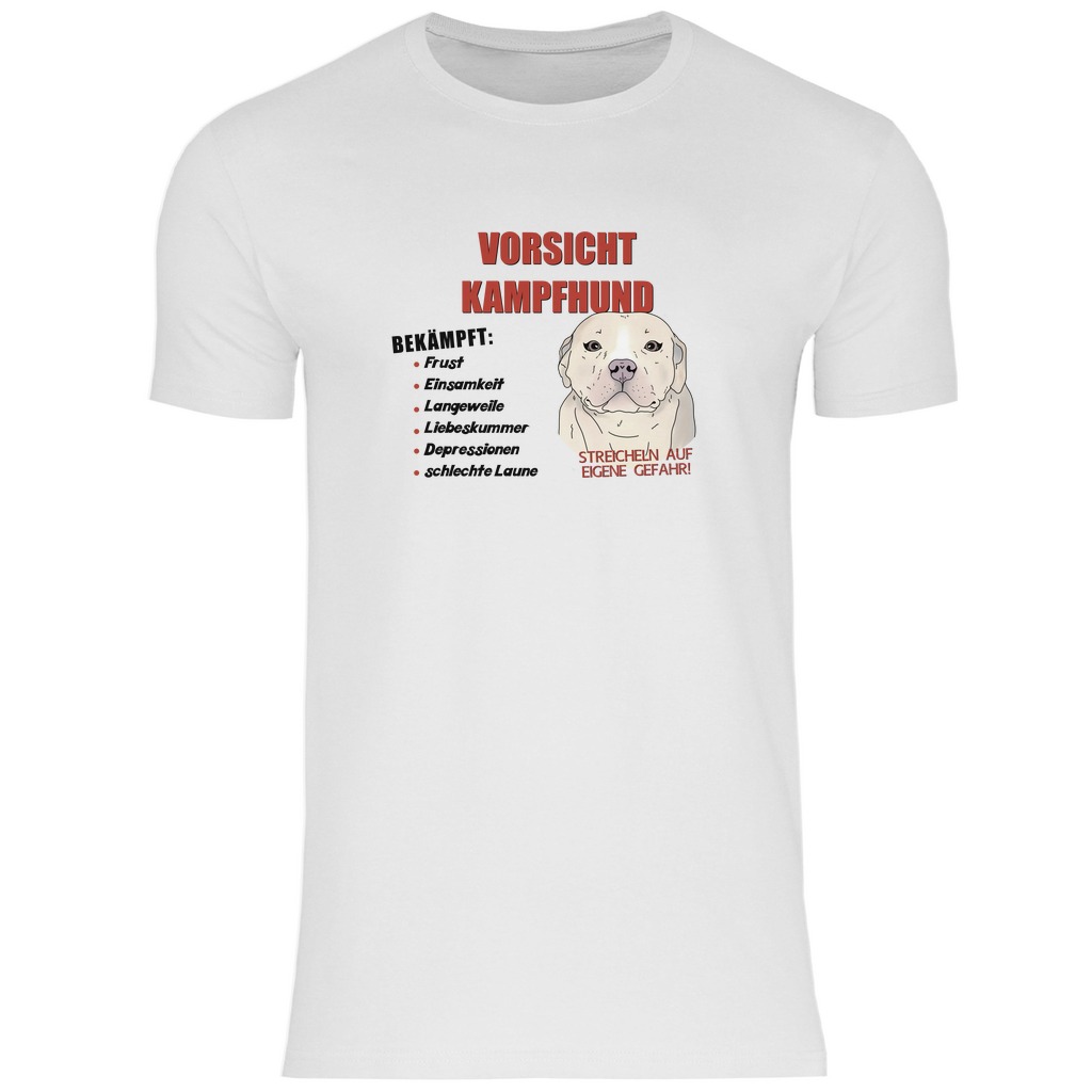 Lustiges T-Shirt in Weiß mit "Vorsicht Kampfhund"-Motiv, süßer Cartoon-Hund, witziges Design, hochwertiger Stoff, perfektes Geschenk für Hundefans, lässiger Alltagslook.