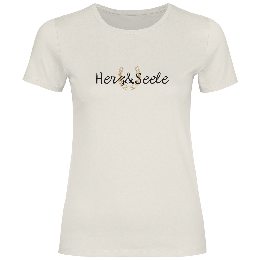 Damen-T-Shirt „Herz und Seele“ – Nachhaltig produziertes 100% Baumwollshirt mit goldenem Huf-Motiv, das Freiheit, Naturverbundenheit und die Leidenschaft für Pferde symbolisiert.
