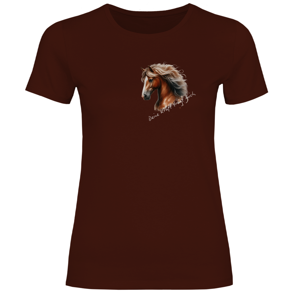 Damen-T-Shirt Kraft von Herz & Pfötchen – Nachhaltig hergestelltes Shirt aus 100% Bio-Baumwolle in Braun mit einem kraftvollen Aufdruck, der Stärke, Energie und Selbstbewusstsein symbolisiert. Ideal für umweltbewusste und stilvolle Pferdeliebhaberinnen, die modischen Komfort und inspirierende Botschaften schätzen.