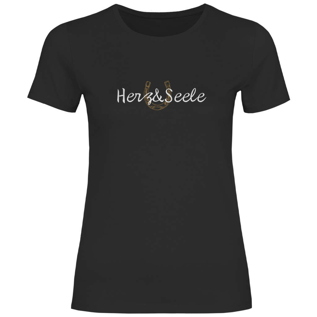 Damen-T-Shirt „Herz und Seele“ – Nachhaltig produziertes 100% Baumwollshirt in Schwarz mit goldenem Huf-Motiv, das Freiheit, Naturverbundenheit und die Leidenschaft für Pferde symbolisiert.