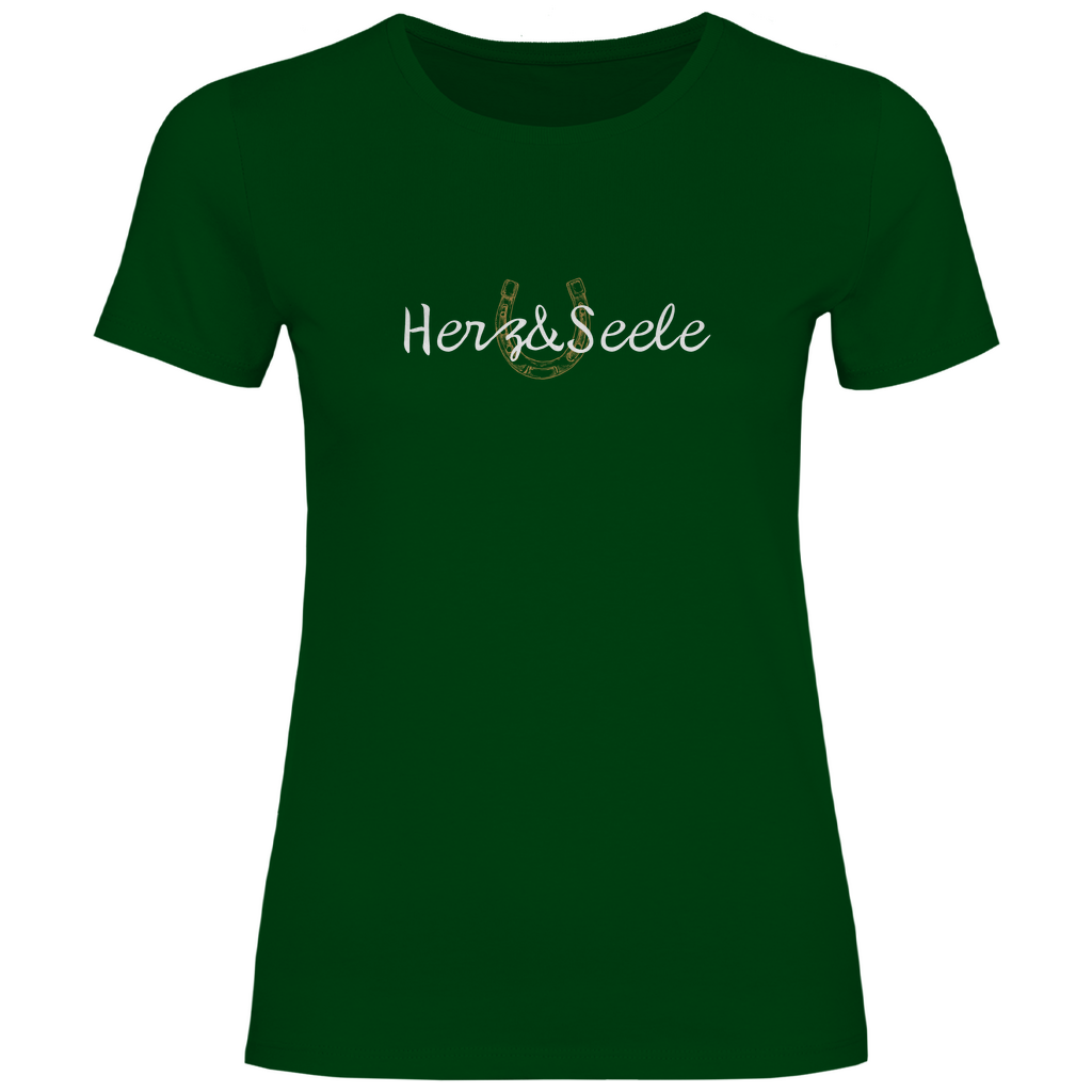 Damen-T-Shirt „Herz und Seele“ – Nachhaltig produziertes 100% Baumwollshirt in Grün mit goldenem Huf-Motiv, das Freiheit, Naturverbundenheit und die Leidenschaft für Pferde symbolisiert.