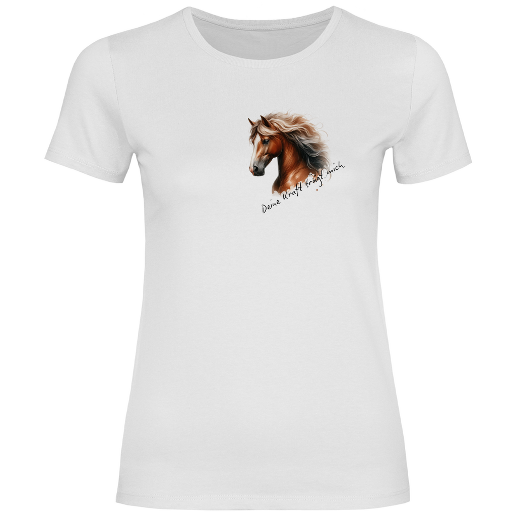 Damen-T-Shirt Kraft von Herz & Pfötchen – Nachhaltig hergestelltes Shirt aus 100% Bio-Baumwolle in Weiß mit einem kraftvollen Aufdruck, der Stärke, Energie und Selbstbewusstsein symbolisiert. Ideal für umweltbewusste und stilvolle Pferdeliebhaberinnen, die modischen Komfort und inspirierende Botschaften schätzen.