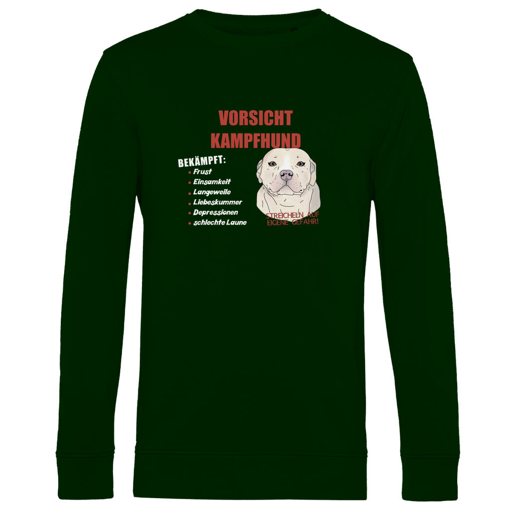 Nachhaltiges Bio-Sweatshirt in Grün mit "Vorsicht Kampfhund"-Motiv, weicher und umweltfreundlicher Stoff, gemütlicher Schnitt, witzige Hundegrafik – perfekt für Hundefans mit Stil und Umweltbewusstsein.