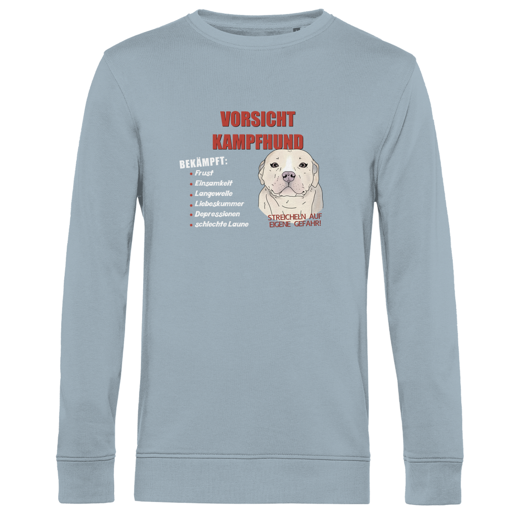 Nachhaltiges Bio-Sweatshirt in Babyblau mit "Vorsicht Kampfhund"-Motiv, weicher und umweltfreundlicher Stoff, gemütlicher Schnitt, witzige Hundegrafik – perfekt für Hundefans mit Stil und Umweltbewusstsein.