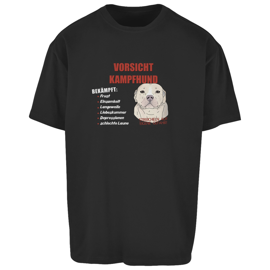 Trendiges Oversize T-Shirt – Unisex mit "Vorsicht Kampfhund"-Motiv, lässiger Schnitt, witziger Hundedruck, bequemes Streetwear-Teil in Schwarz für Hundefans und Fashion-Liebhaber.