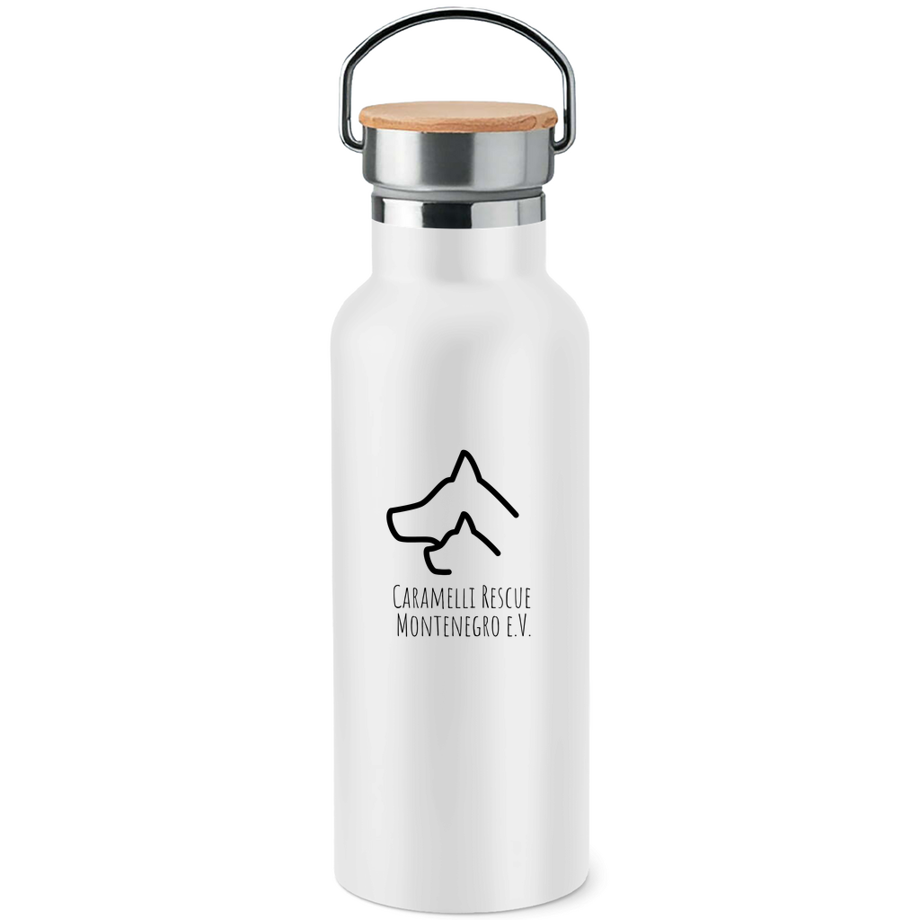 Caramelli Rescue Vorne - Edelstahl-Trinkflasche mit Bambusdeckel