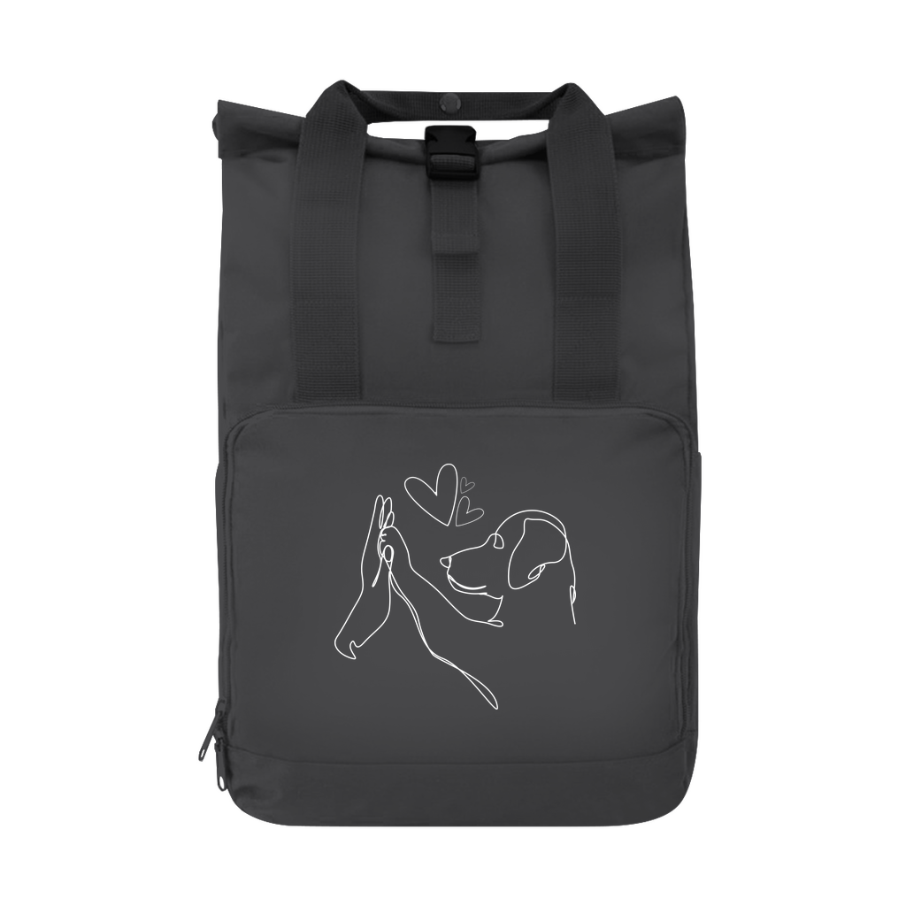 Wahre Liebe‘-Rucksack von Herz & Pfötchen in Olivgrün mit Rollverschluss, ideal für Hundebesitzer, aus recyceltem Polyester – perfekte Geschenkidee für Hundeliebhaber.