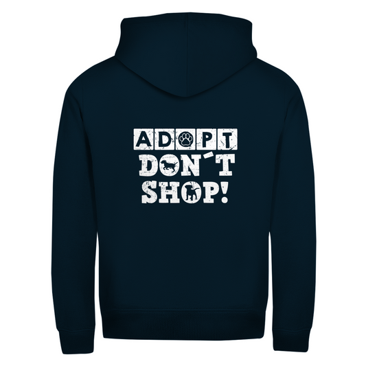 Adopt Don't Shop- Zipper-Hoodie Unisex | Rückendruck