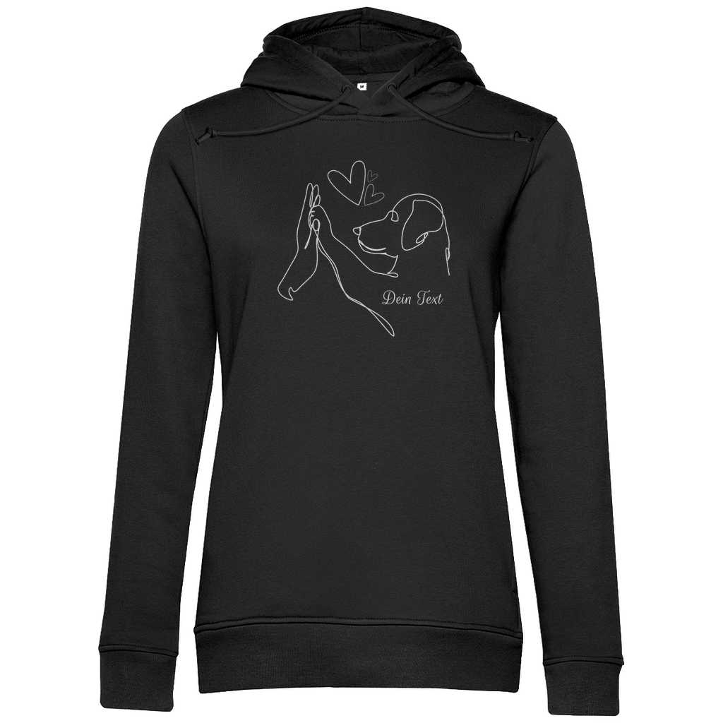 Personaliserter Damen Premium Bio Hoodie ‚Wahre Liebe‘ von Herz & Pfötchen aus nachhaltiger Bio-Baumwolle in Schwarz, individuell anpassbar mit deinem Wunschtext – kuschelig, umweltfreundlich und perfekt für Hundeliebhaber.
