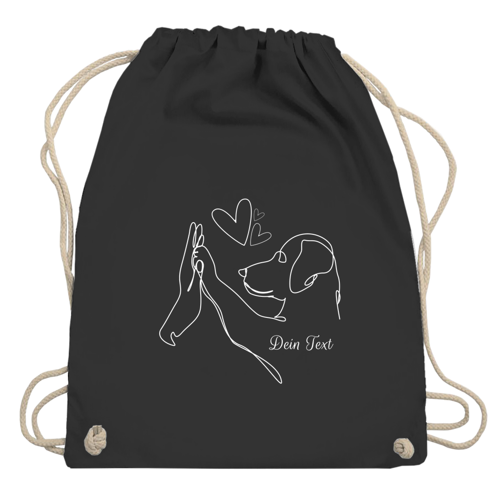 Personalisiert gestaltete ‚Wahre Liebe‘-Turnbeutel aus 100 % Baumwolle in Schwarz mit charmantem Hundemotiv und individuellem Wunschtext – stilvolle, nachhaltige Geschenkidee und Alltagsbegleiter für Hundeliebhaber. Sportbeutel