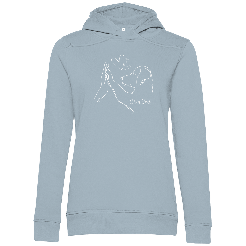 Personaliserter Damen Premium Bio Hoodie ‚Wahre Liebe‘ von Herz & Pfötchen aus nachhaltiger Bio-Baumwolle in Babyblau, individuell anpassbar mit deinem Wunschtext – kuschelig, umweltfreundlich und perfekt für Hundeliebhaber.