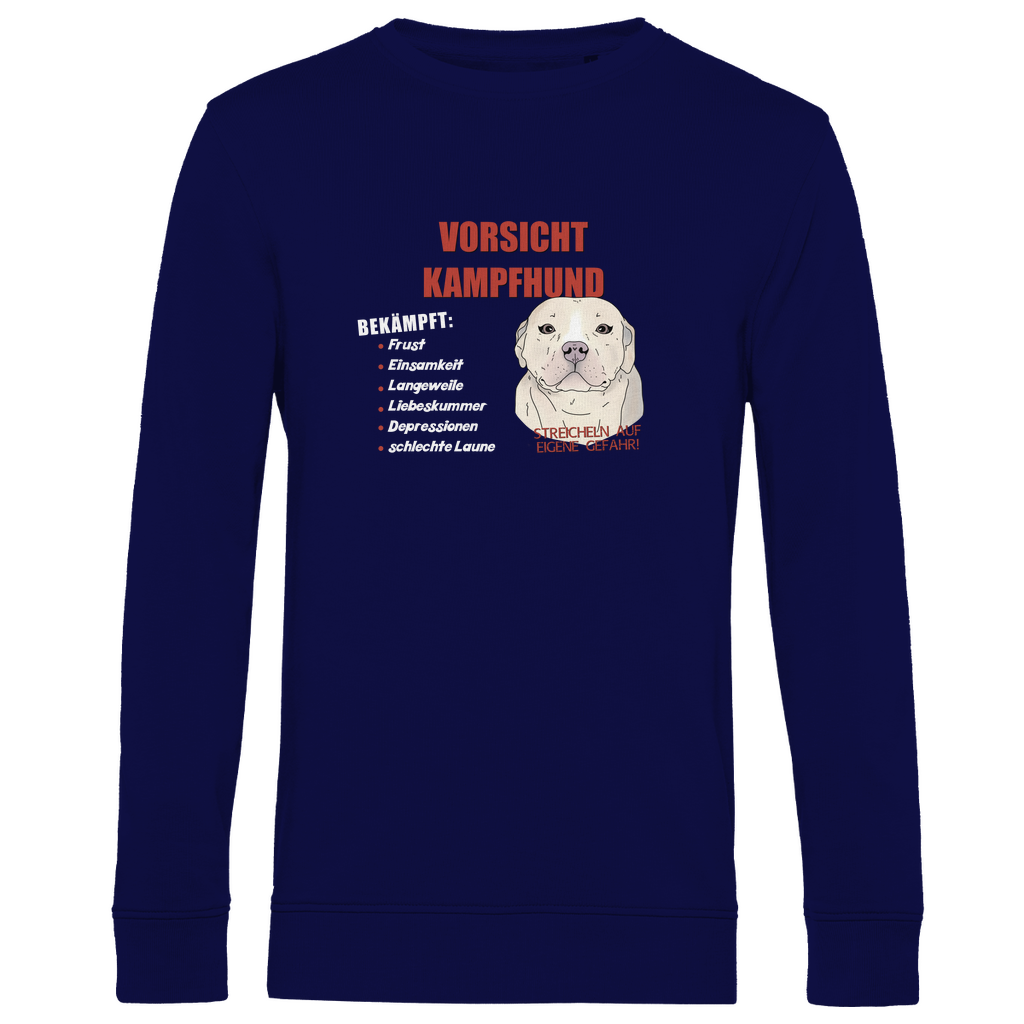Nachhaltiges Bio-Sweatshirt in Blau mit "Vorsicht Kampfhund"-Motiv, weicher und umweltfreundlicher Stoff, gemütlicher Schnitt, witzige Hundegrafik – perfekt für Hundefans mit Stil und Umweltbewusstsein.