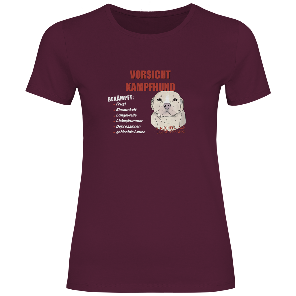 Lustiges T-Shirt in Bordeauxrot mit "Vorsicht Kampfhund"-Motiv, süßer Cartoon-Hund, witziges Design, hochwertiger Stoff, perfektes Geschenk für Hundefans, lässiger Alltagslook.