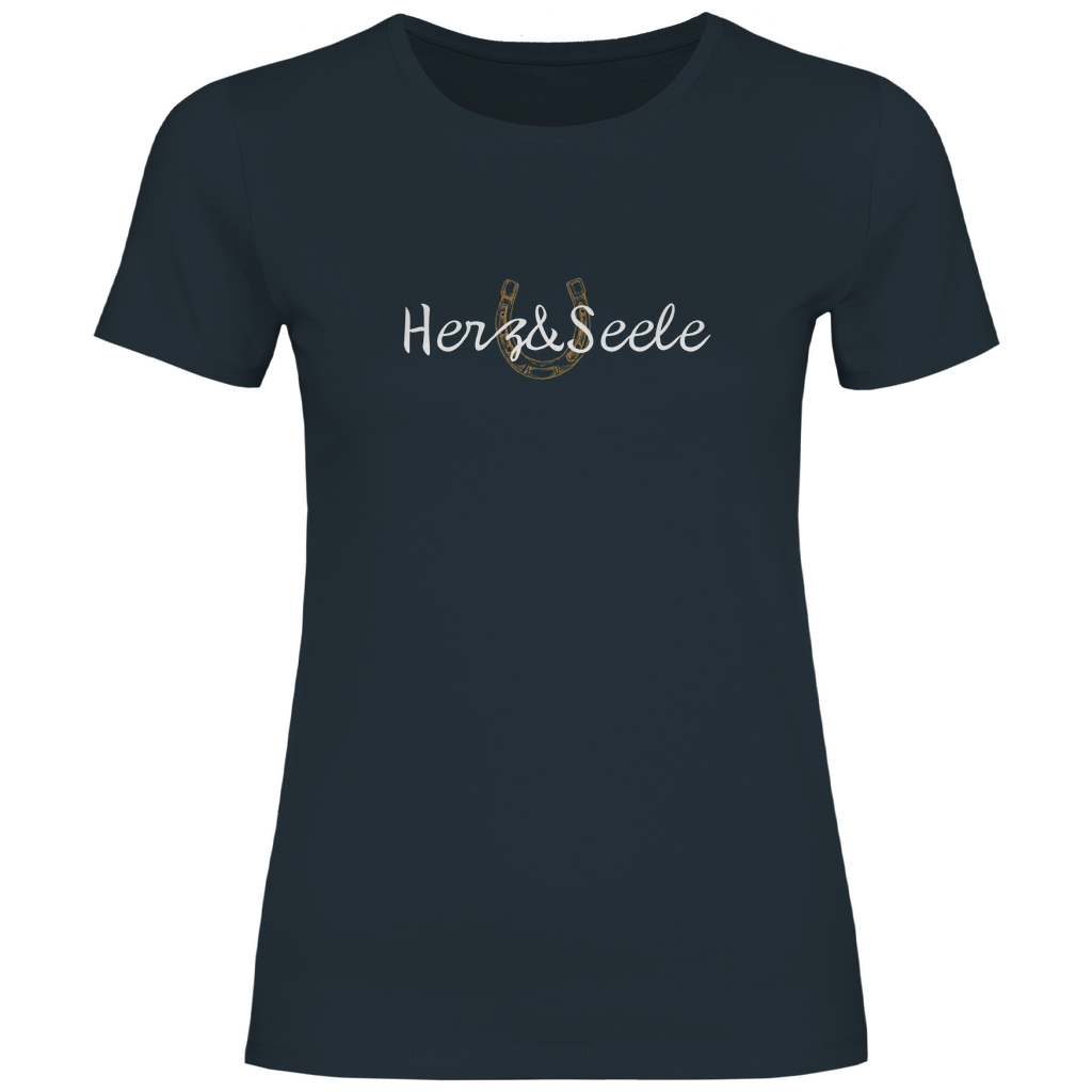Damen-T-Shirt „Herz und Seele“ – Nachhaltig produziertes 100% Baumwollshirt mit goldenem Huf-Motiv, das Freiheit, Naturverbundenheit und die Leidenschaft für Pferde symbolisiert.