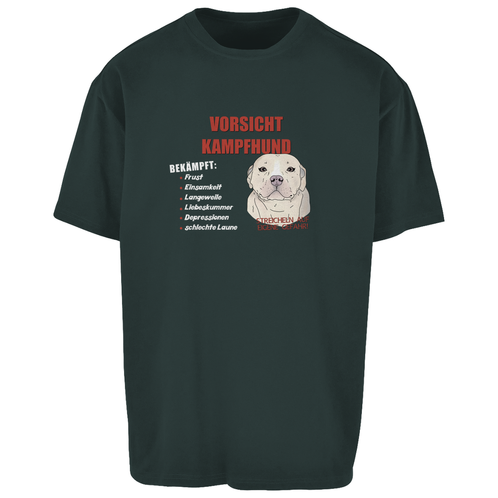 Trendiges Oversize T-Shirt – Unisex mit "Vorsicht Kampfhund"-Motiv, lässiger Schnitt, witziger Hundedruck, bequemes Streetwear-Teil in dunkel Grün für Hundefans und Fashion-Liebhaber.
