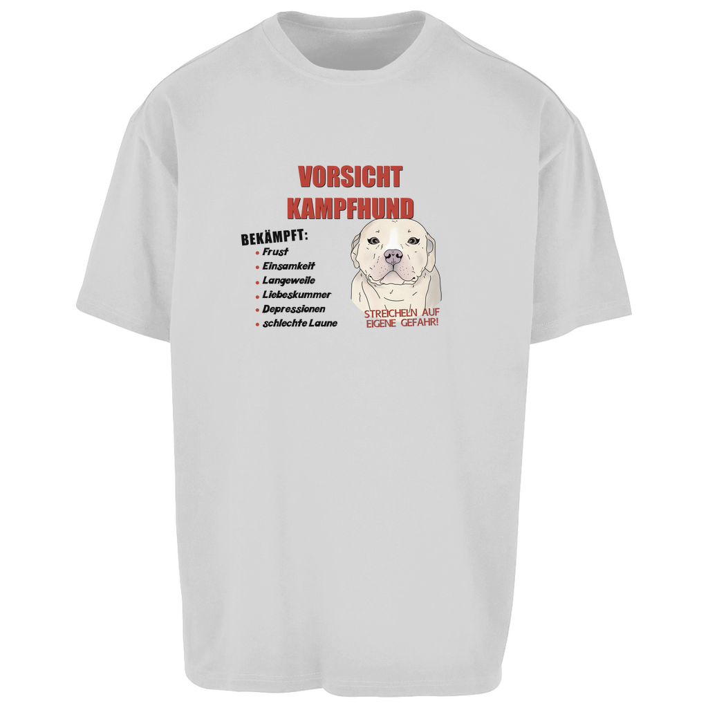Trendiges Oversize T-Shirt – Unisex mit "Vorsicht Kampfhund"-Motiv, lässiger Schnitt, witziger Hundedruck, bequemes Streetwear-Teil in hell Grau für Hundefans und Fashion-Liebhaber.