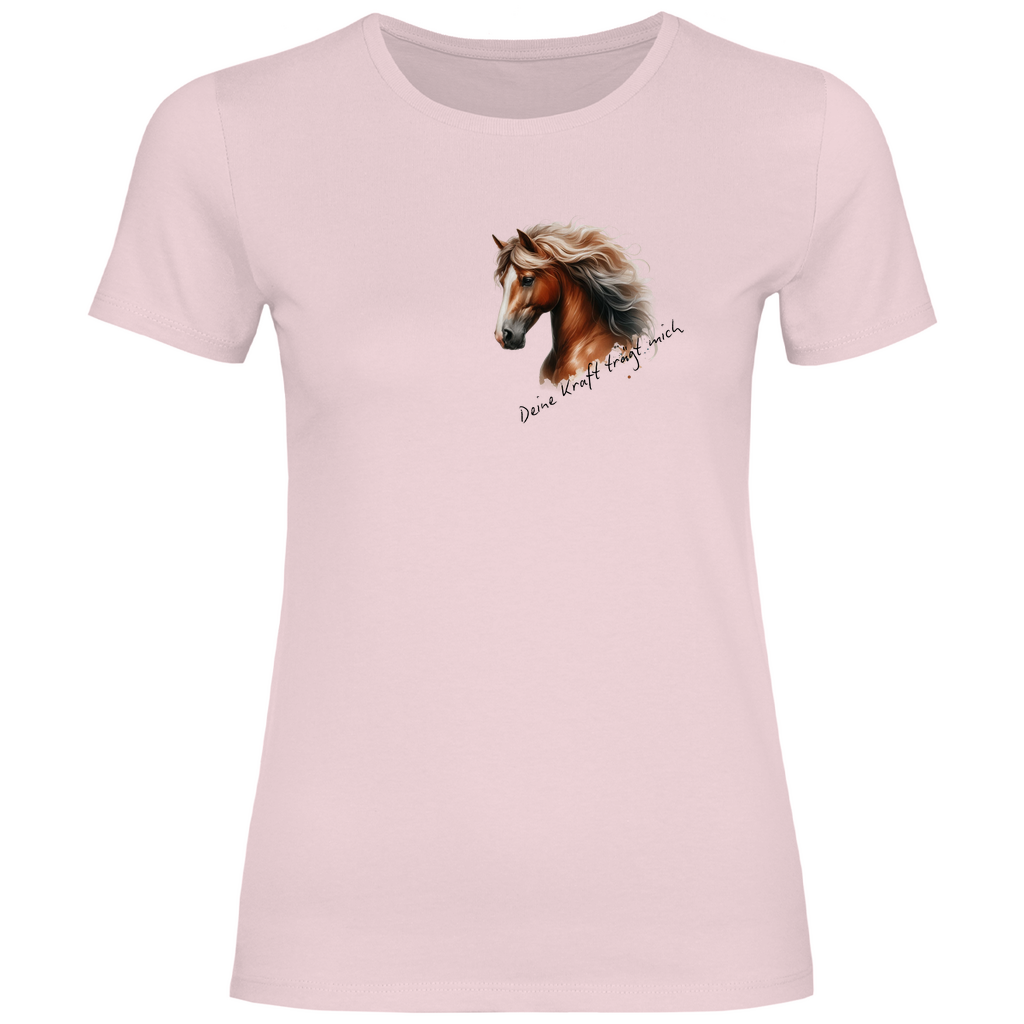 Damen-T-Shirt Kraft von Herz & Pfötchen – Nachhaltig hergestelltes Shirt aus 100% Bio-Baumwolle mit einem kraftvollen Aufdruck, der Stärke, Energie und Selbstbewusstsein symbolisiert. Ideal für umweltbewusste und stilvolle Pferdeliebhaberinnen, die modischen Komfort und inspirierende Botschaften schätzen.