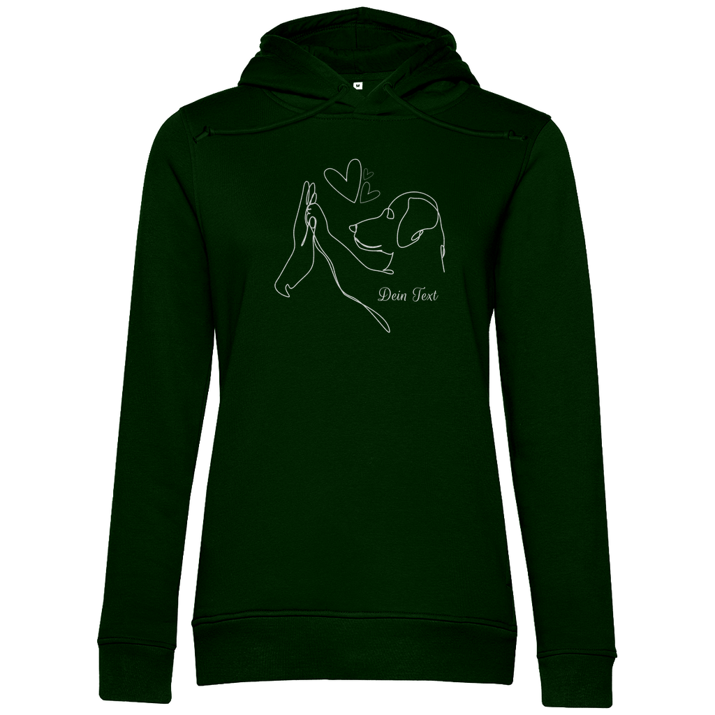 Personaliserter Damen Premium Bio Hoodie ‚Wahre Liebe‘ von Herz & Pfötchen aus nachhaltiger Bio-Baumwolle in dunkel Grün, individuell anpassbar mit deinem Wunschtext – kuschelig, umweltfreundlich und perfekt für Hundeliebhaber.