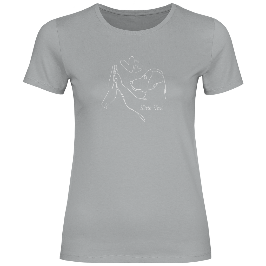 Personalisiertes Damen T-Shirt ‚Wahre Liebe‘ von Herz & Pfötchen aus 100 % Baumwolle in Grau, individuell anpassbar mit deinem Wunschtext – bequem und perfekt für Hundeliebhaber.