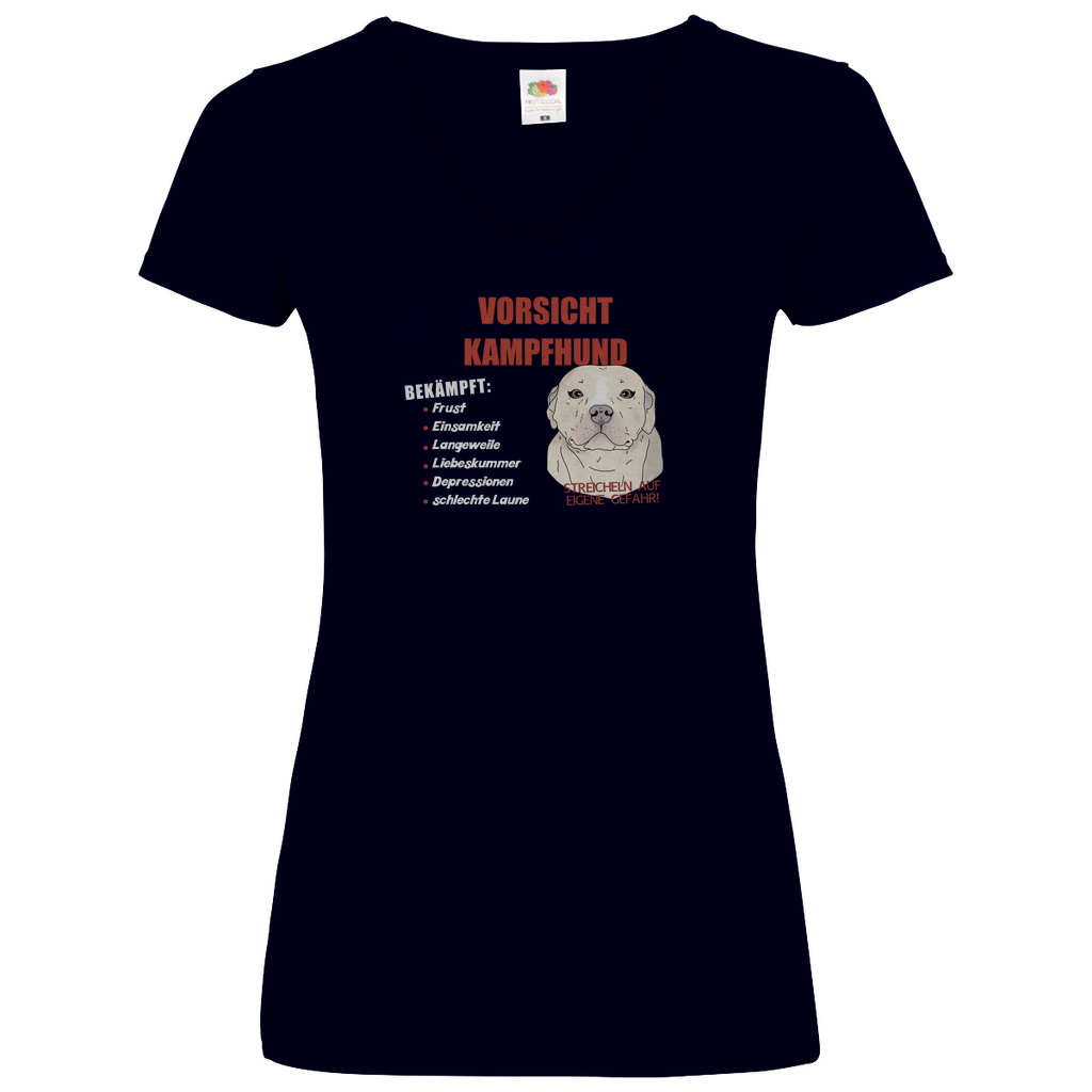 Lustiges V-Shirt in dunkel Blau mit "Vorsicht Kampfhund"-Motiv , süßer Cartoon-Hund, witziges Design, hochwertiger Stoff, perfektes Geschenk für Hundefans, lässiger Alltagslook.