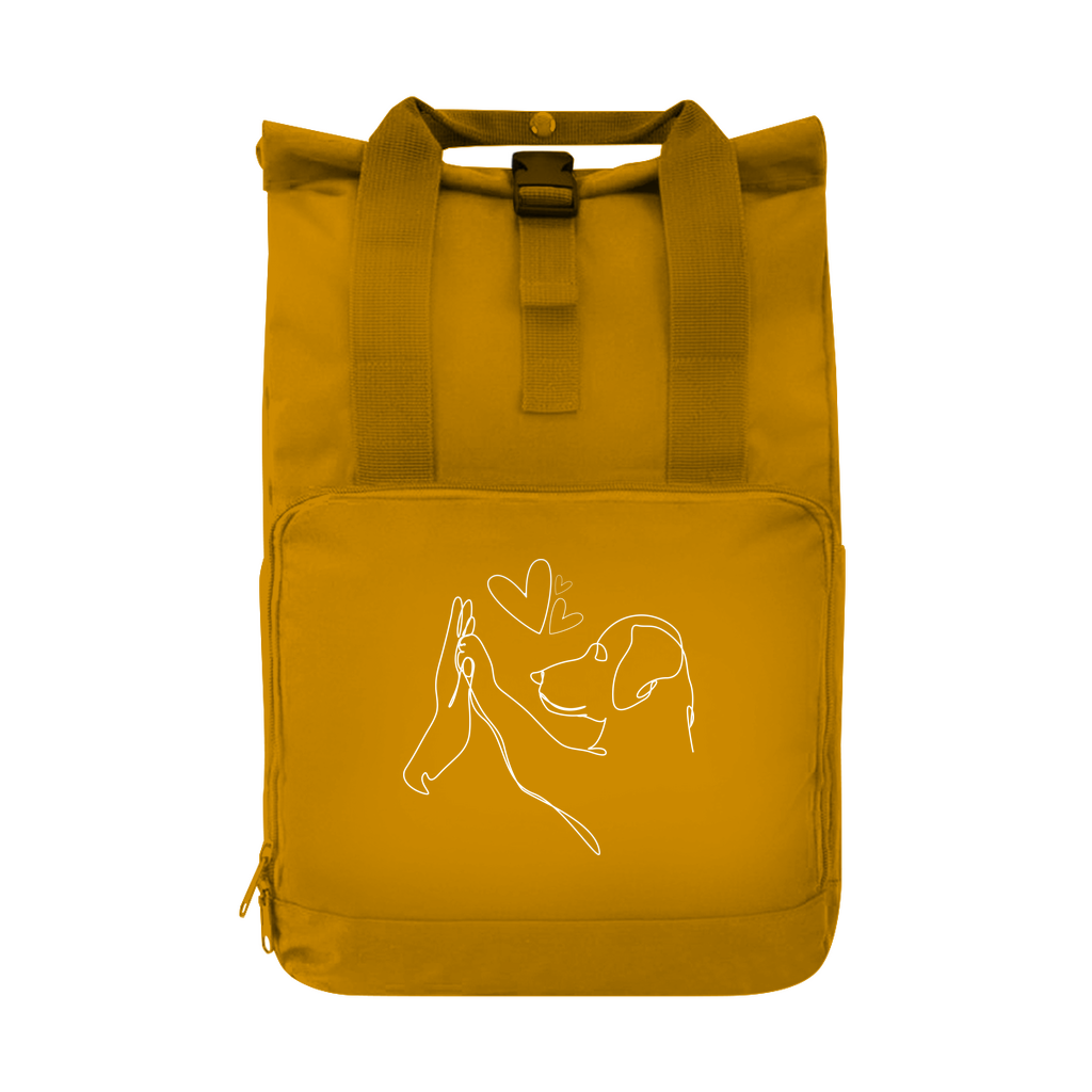 Wahre Liebe‘-Rucksack von Herz & Pfötchen in Olivgrün mit Rollverschluss, ideal für Hundebesitzer, aus recyceltem Polyester – perfekte Geschenkidee für Hundeliebhaber.