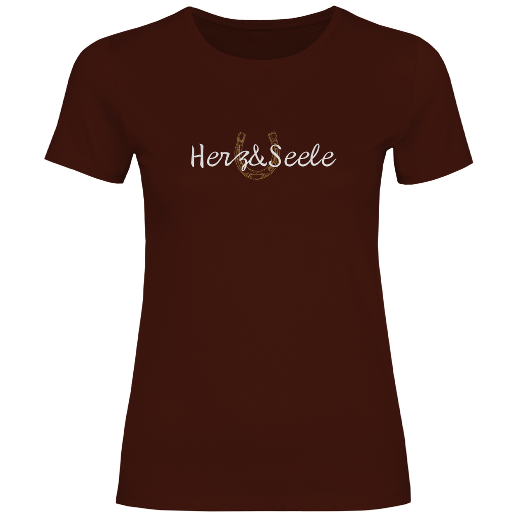 Damen-T-Shirt „Herz und Seele“ – Nachhaltig produziertes 100% Baumwollshirt in Braun mit goldenem Huf-Motiv, das Freiheit, Naturverbundenheit und die Leidenschaft für Pferde symbolisiert.