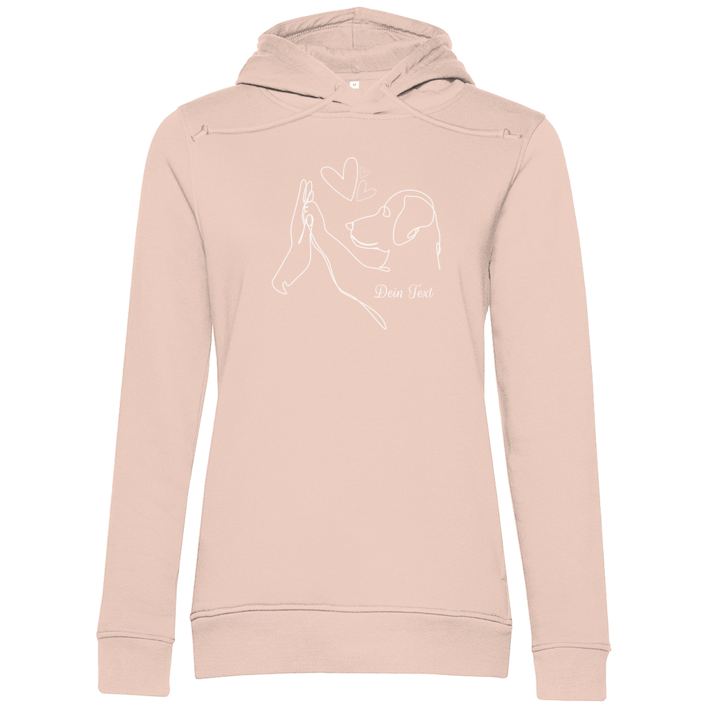 Personaliserter Damen Premium Bio Hoodie ‚Wahre Liebe‘ von Herz & Pfötchen aus nachhaltiger Bio-Baumwolle in Pink, individuell anpassbar mit deinem Wunschtext – kuschelig, umweltfreundlich und perfekt für Hundeliebhaber.