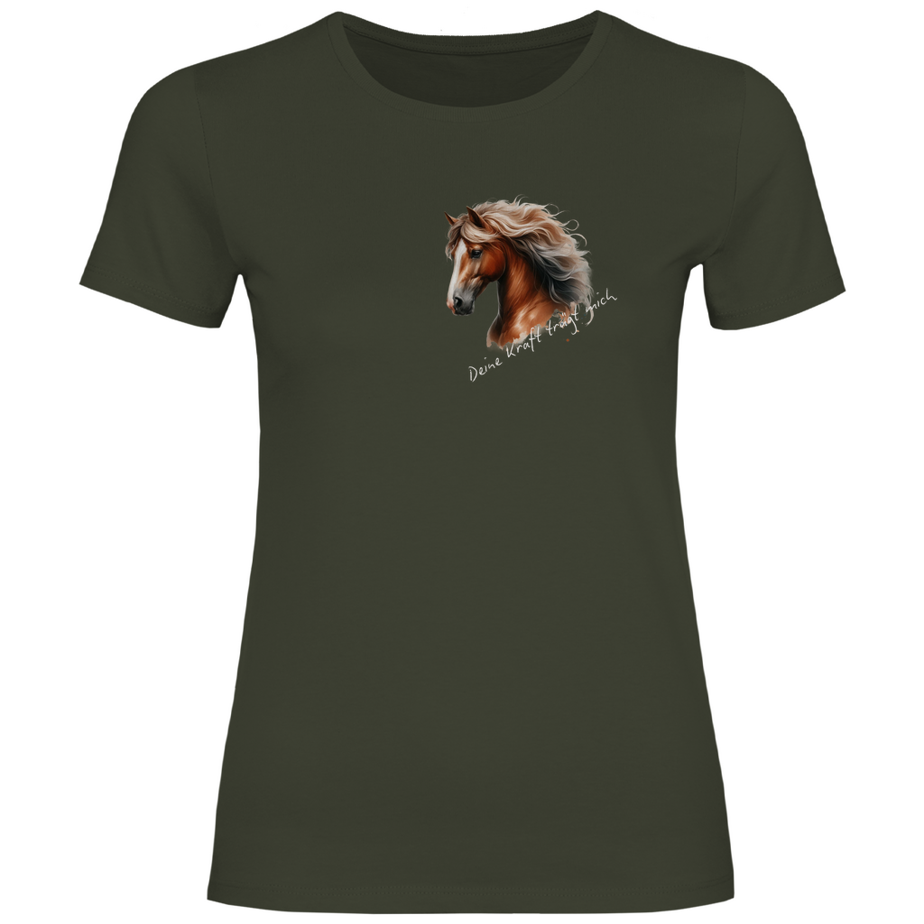 Damen-T-Shirt Kraft von Herz & Pfötchen – Nachhaltig hergestelltes Shirt aus 100% Bio-Baumwolle in Khaki mit einem kraftvollen Aufdruck, der Stärke, Energie und Selbstbewusstsein symbolisiert. Ideal für umweltbewusste und stilvolle Pferdeliebhaberinnen, die modischen Komfort und inspirierende Botschaften schätzen.