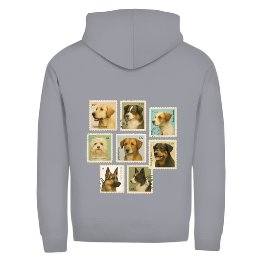 Briefmarken- Zipper-Hoodie Unisex | Rückendruck