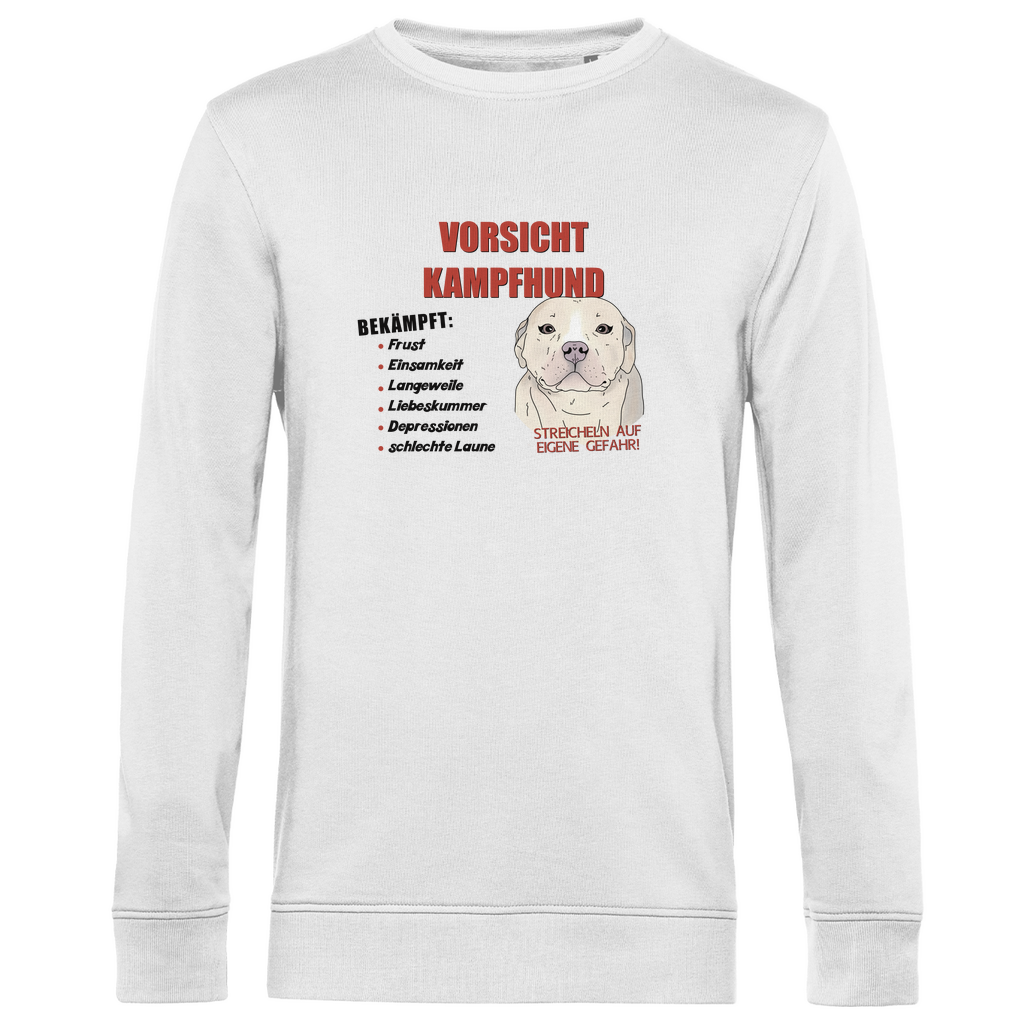 Nachhaltiges Bio-Sweatshirt in Weiß mit "Vorsicht Kampfhund"-Motiv, weicher und umweltfreundlicher Stoff, gemütlicher Schnitt, witzige Hundegrafik – perfekt für Hundefans mit Stil und Umweltbewusstsein.