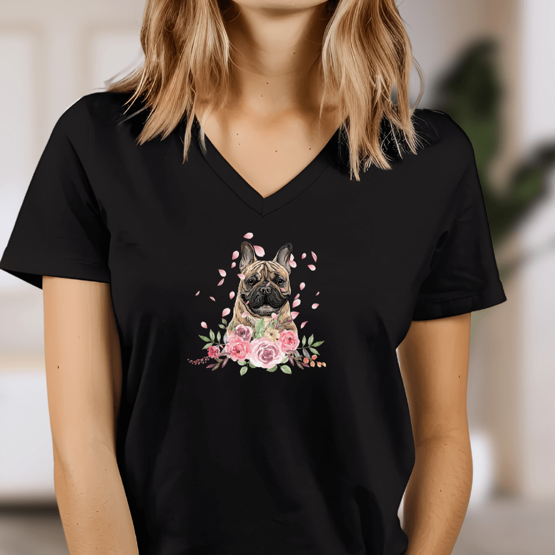 Flower Französische Bulldoge - V-Shirt für Damen