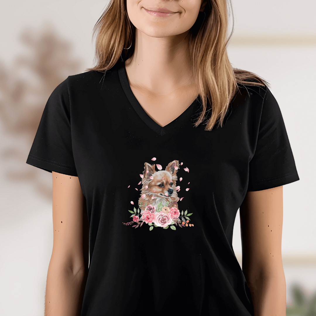 Flower Chihuahua - V-Shirt für Damen